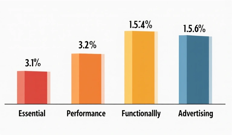 Gráfico de barras estilizado mostrando la distribución de diferentes tipos de cookies (esenciales, rendimiento, funcionalidad, publicidad)