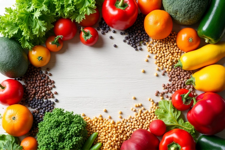 Mesa llena de alimentos frescos y saludables como frutas, verduras, granos y legumbres, simbolizando una dieta equilibrada.