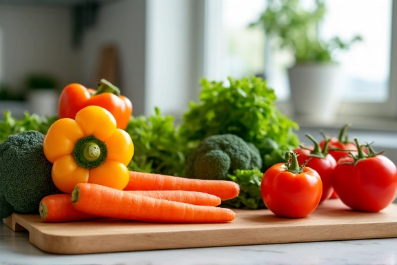 Variedad de vegetales coloridos en una tabla de cortar, listos para ser preparados.