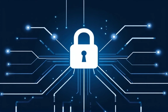 Ilustración de un candado digital y datos fluyendo de forma segura