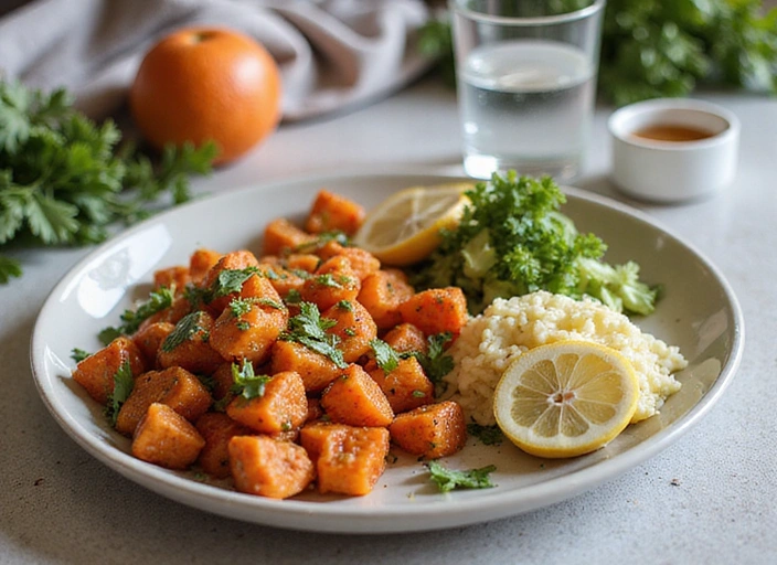 Mesa con un cuaderno abierto mostrando un plan de comidas, rodeado de frutas, verduras y un vaso de agua.