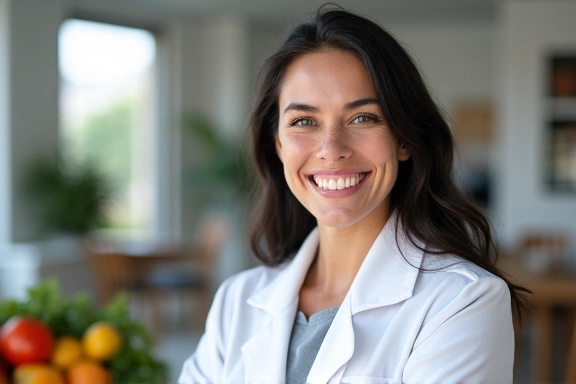 Nutricionista sonriendo amistosamente en un entorno profesional.
